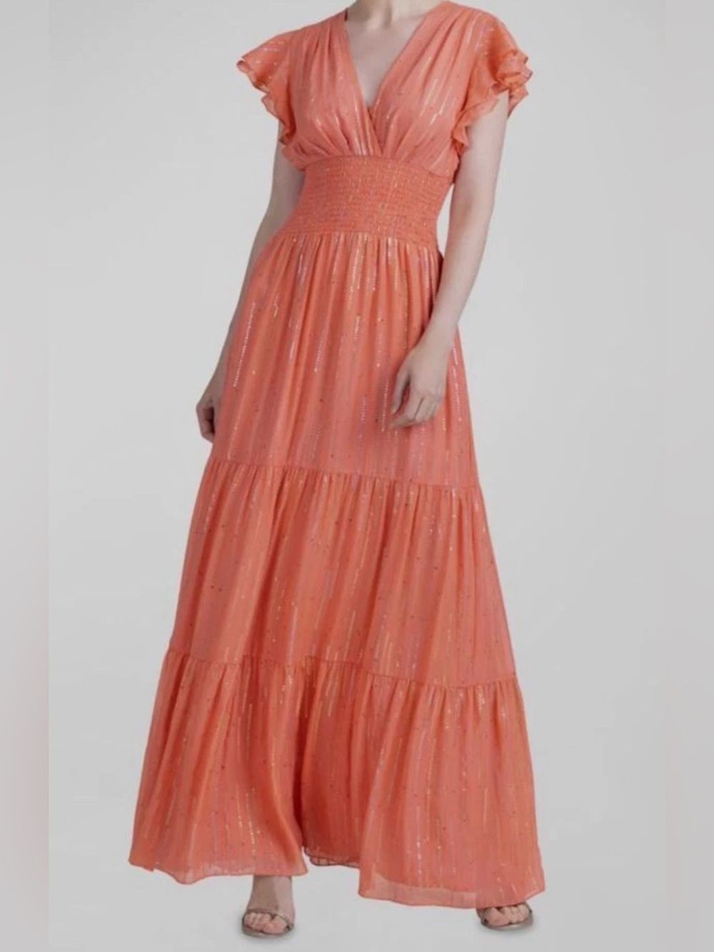 Shoshanna Tiered Maxi Dress Bright Orange Ruffle Sleeve Size 4 NWT